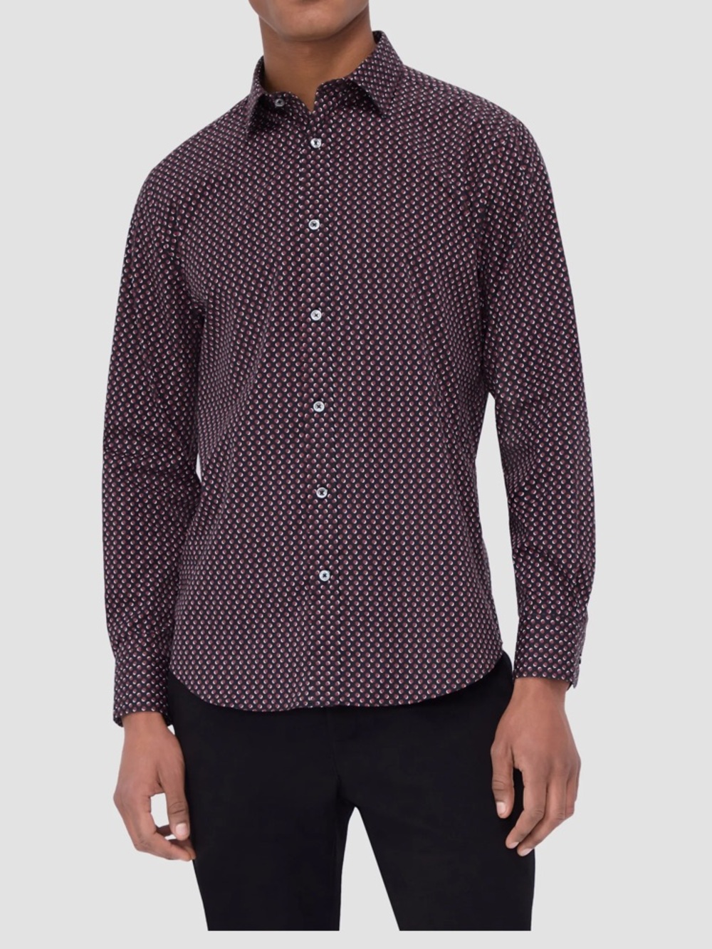 Bugatchi Burgundy Julian Geometric Print Shaped Fit Dress Button Down Shirt